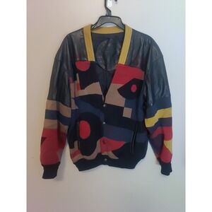Torras Black Multicolor Picasso Design Leather Wool Sweater Spain Jacket Size 40